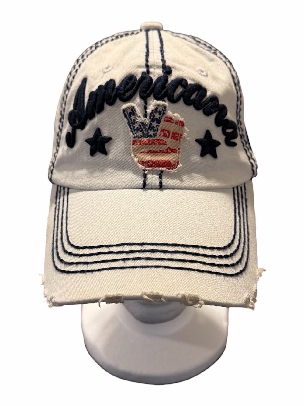 KBETHOS Distressed White Baseball Cap with Americana & Peace sign